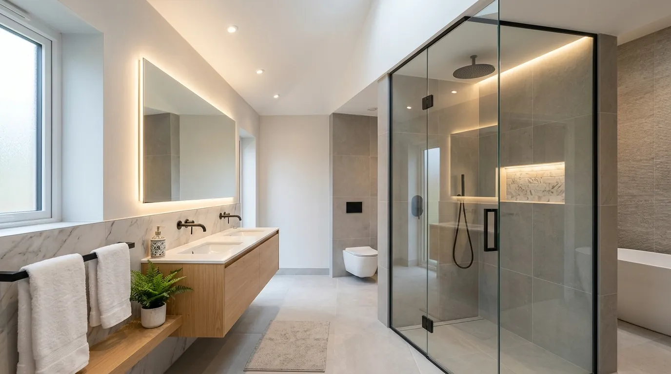 Badezimmer mit Walk-in-Dusche, Doppelwaschtisch und freistehender Badewanne