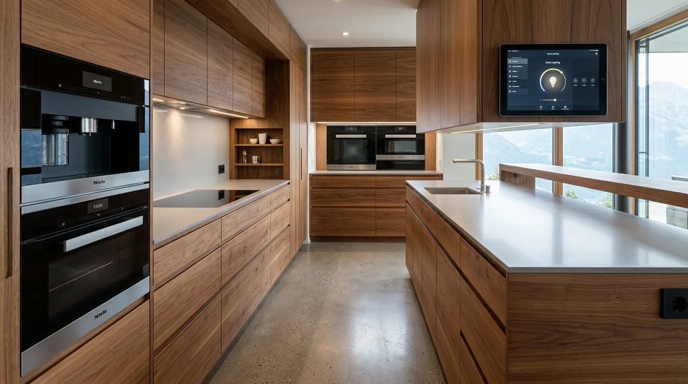Massholzküche in Nussbaum mit Einbaugeräten und Smart-Home-Bedienfeld