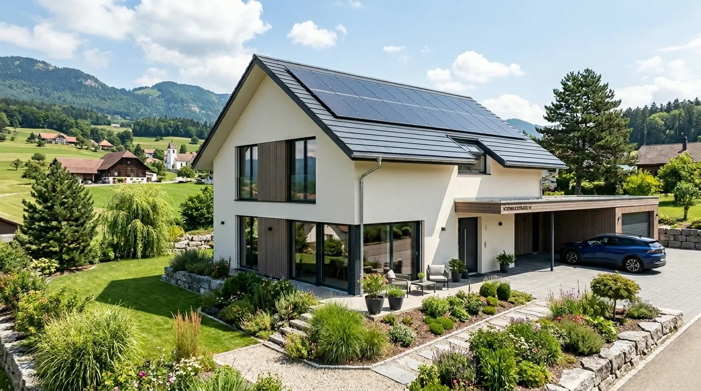 Dasselbe Einfamilienhaus mit Photovoltaik-Anlage auf dem Satteldach