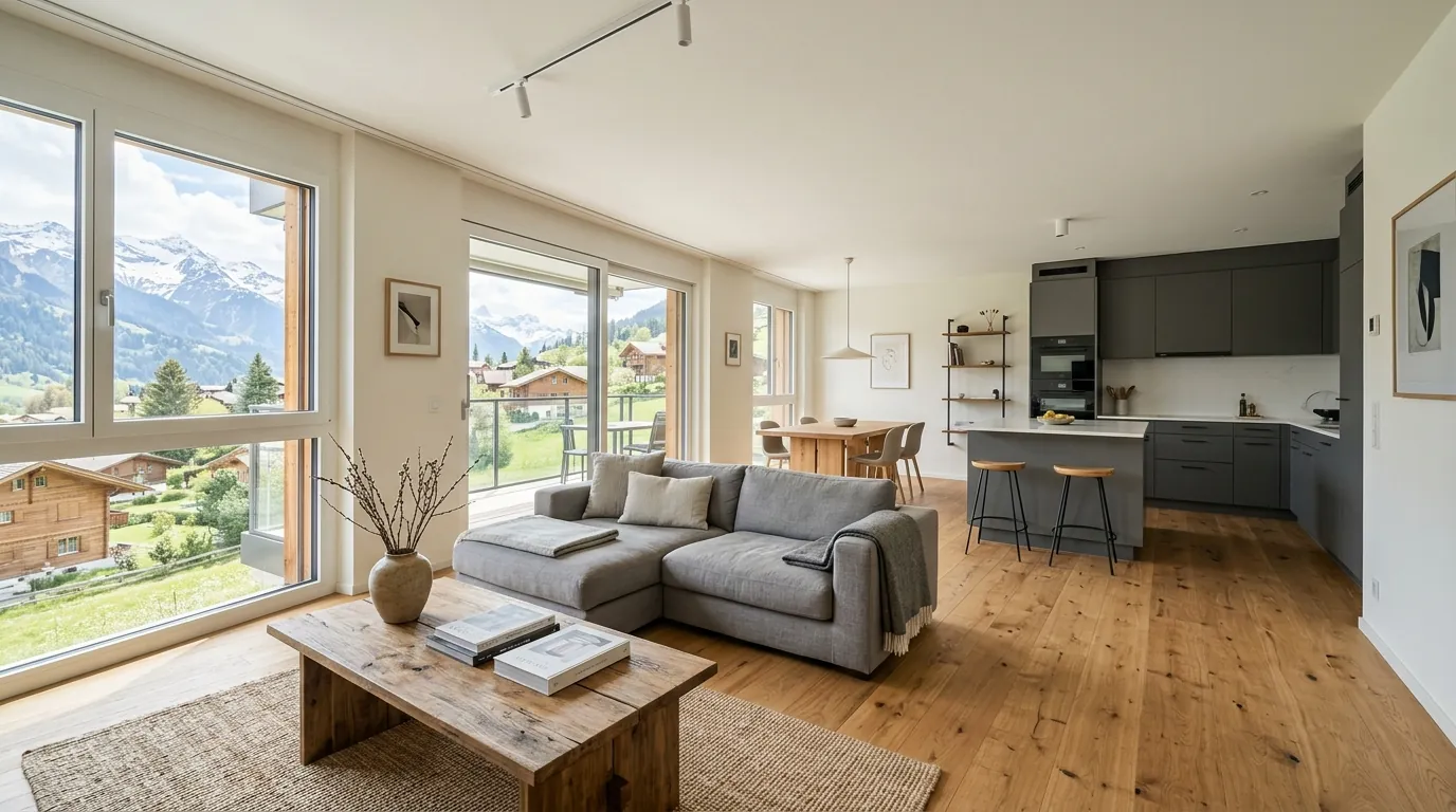 Offener Wohnbereich mit Eichenparkett, grauem Sofa und Küche mit Kochinsel