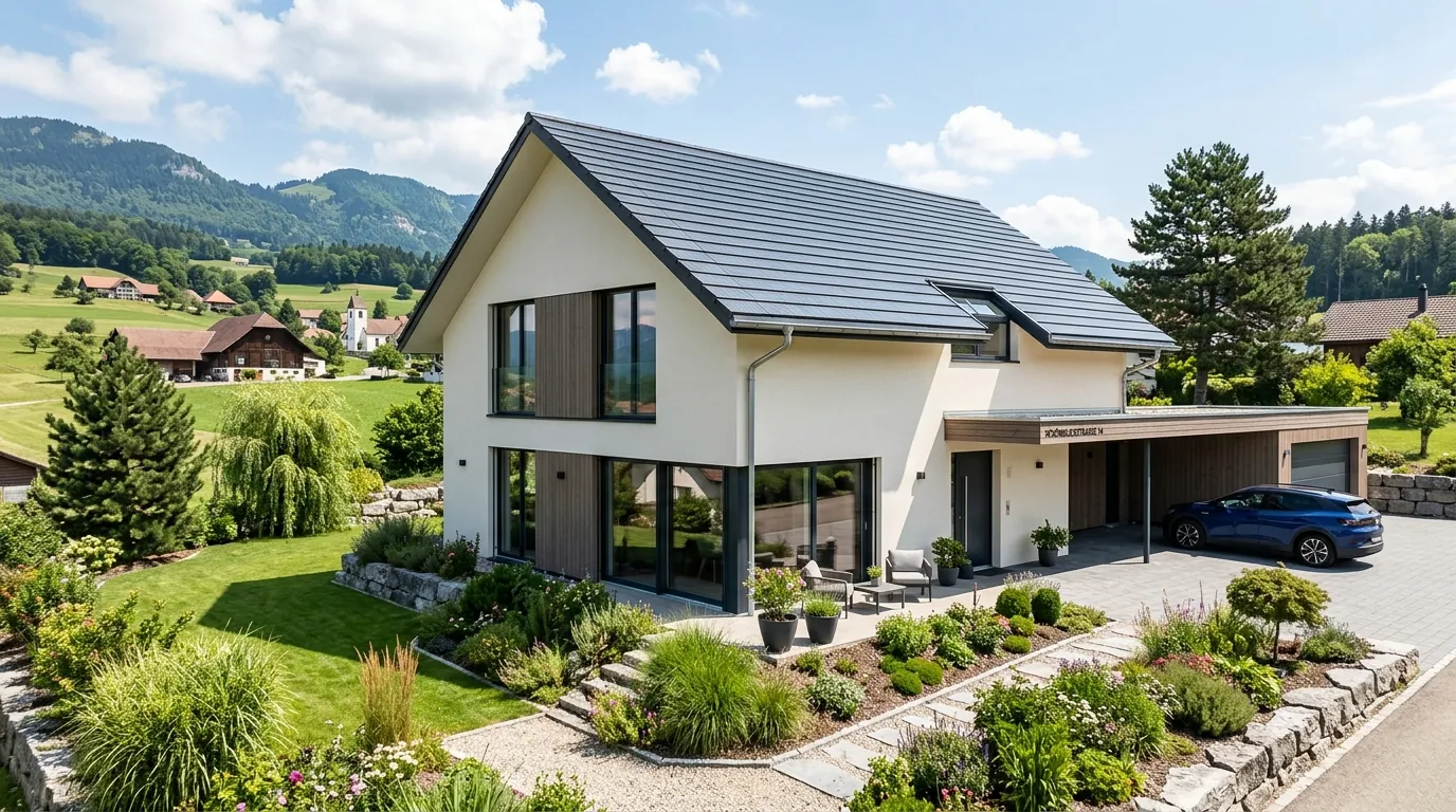 Modernes Einfamilienhaus mit Satteldach, Holzakzenten und Carport vor Voralpen-Kulisse