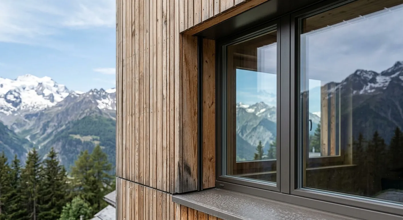 Detail der Holzfassade mit Holz-Metall-Fenster und Bergpanorama