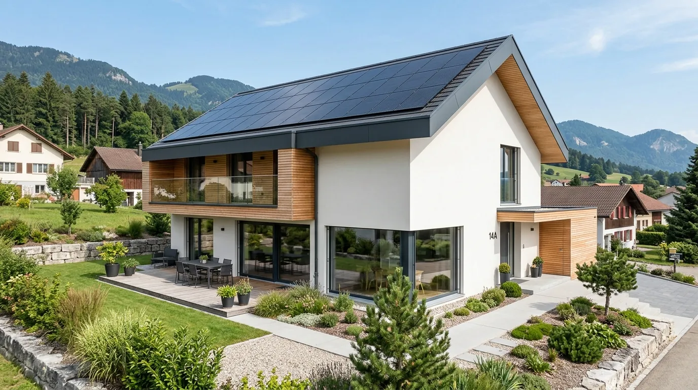 Modernes Holz-Hybridhaus mit Putz- und Holzfassade, Solardach und Terrasse