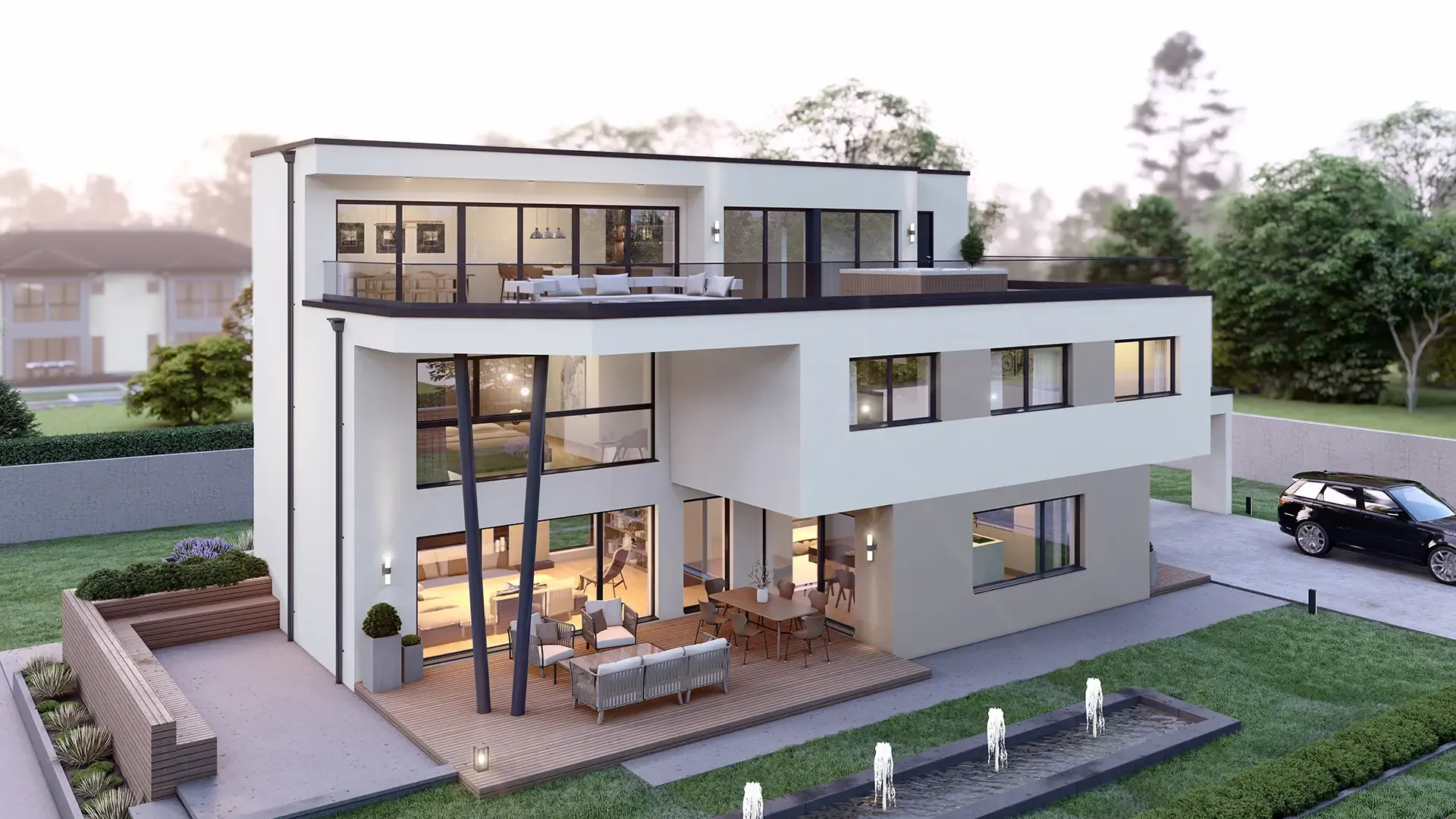 Dreigeschossige Design-Villa mit Dachterrasse und Wasserbecken